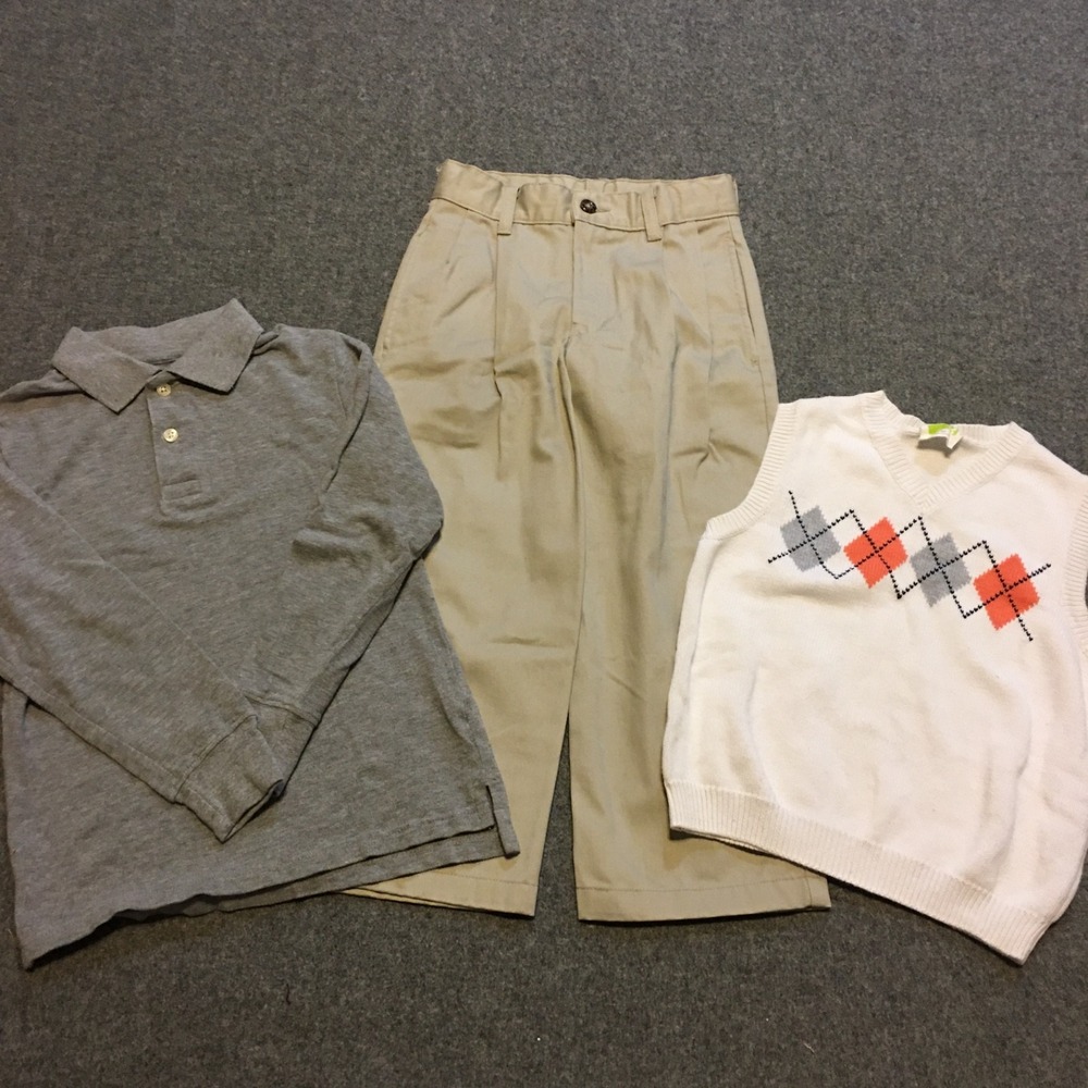 Mixed Brand 3pc Outfit Kids Boys Size 5/5T Gray Khaki White Polo Vest Pants Set